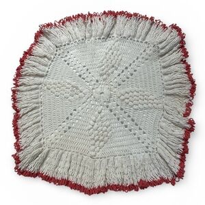 18” Diameter Doily White and Red Crocheted Ruffled Edge Vintage